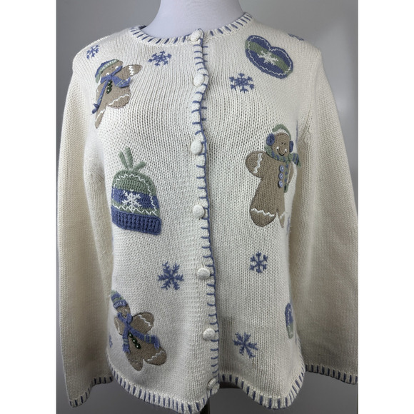 Croft & Barrow Gingerbread Knit Cardigan Sweater Winter Snow Ramie Blend Medium - Picture 7 of 16